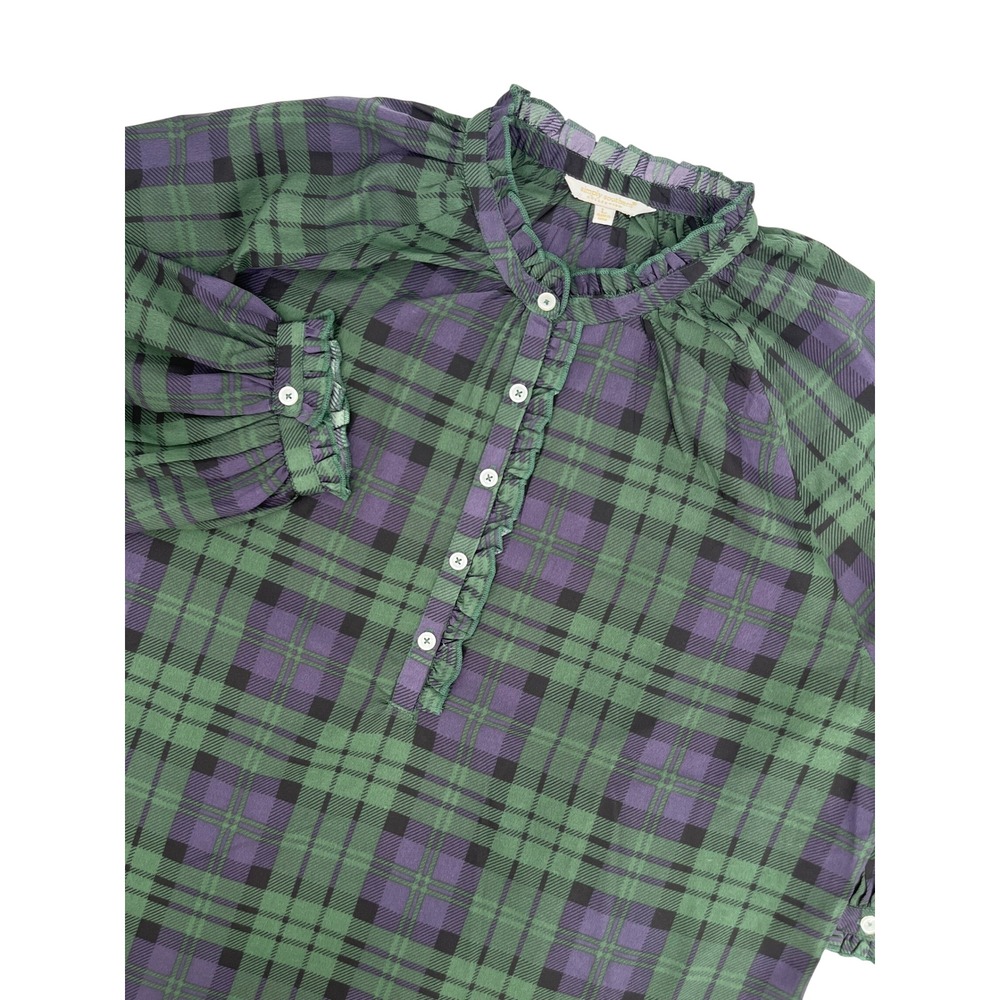 Simply Southern Green‎ Purple Plaid Ruffle Neck Button Front Blouse Large Womens